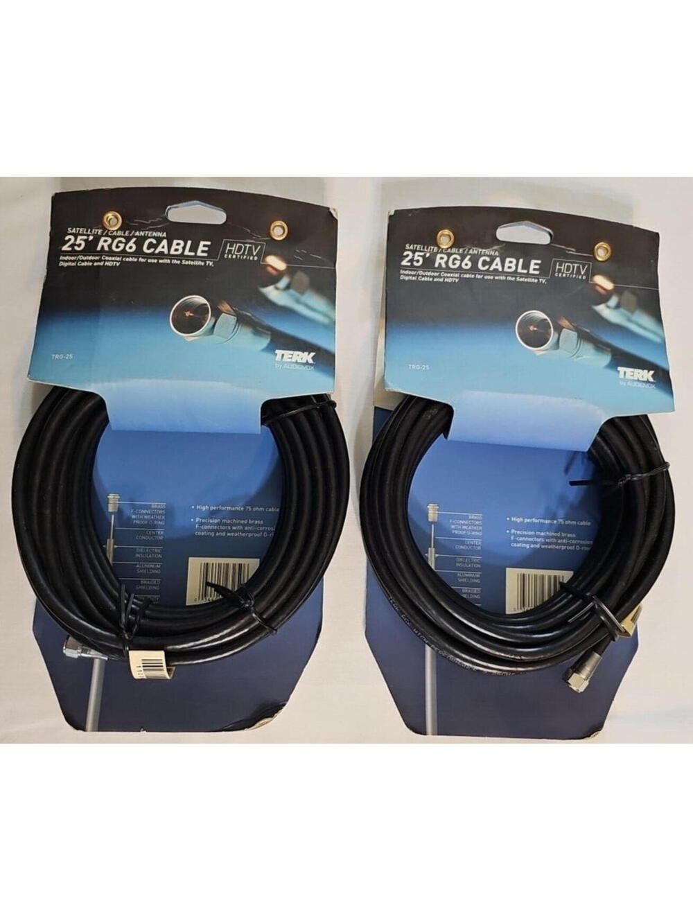 Lot of 2 TERK RG6 Coaxial Cable,  25', works with Satellite/Cable/Antenna TV